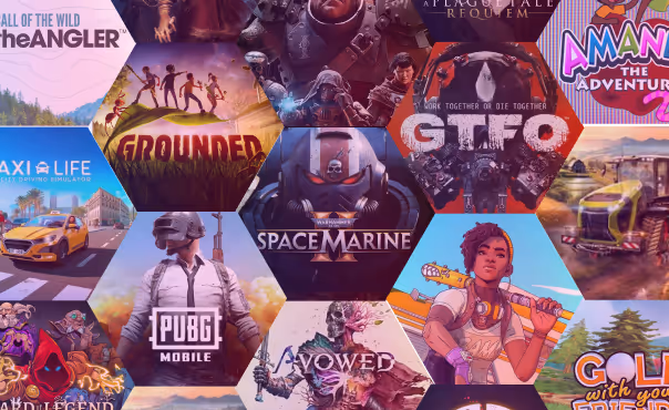 A collage of games that ran Drops, including Space Marine 2, GTFO, Grounded and Golf With Your Friends